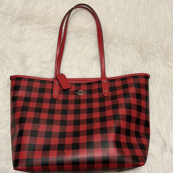 COACH Reversible City Tote with Gingham print & Red - Picture 3 of 12